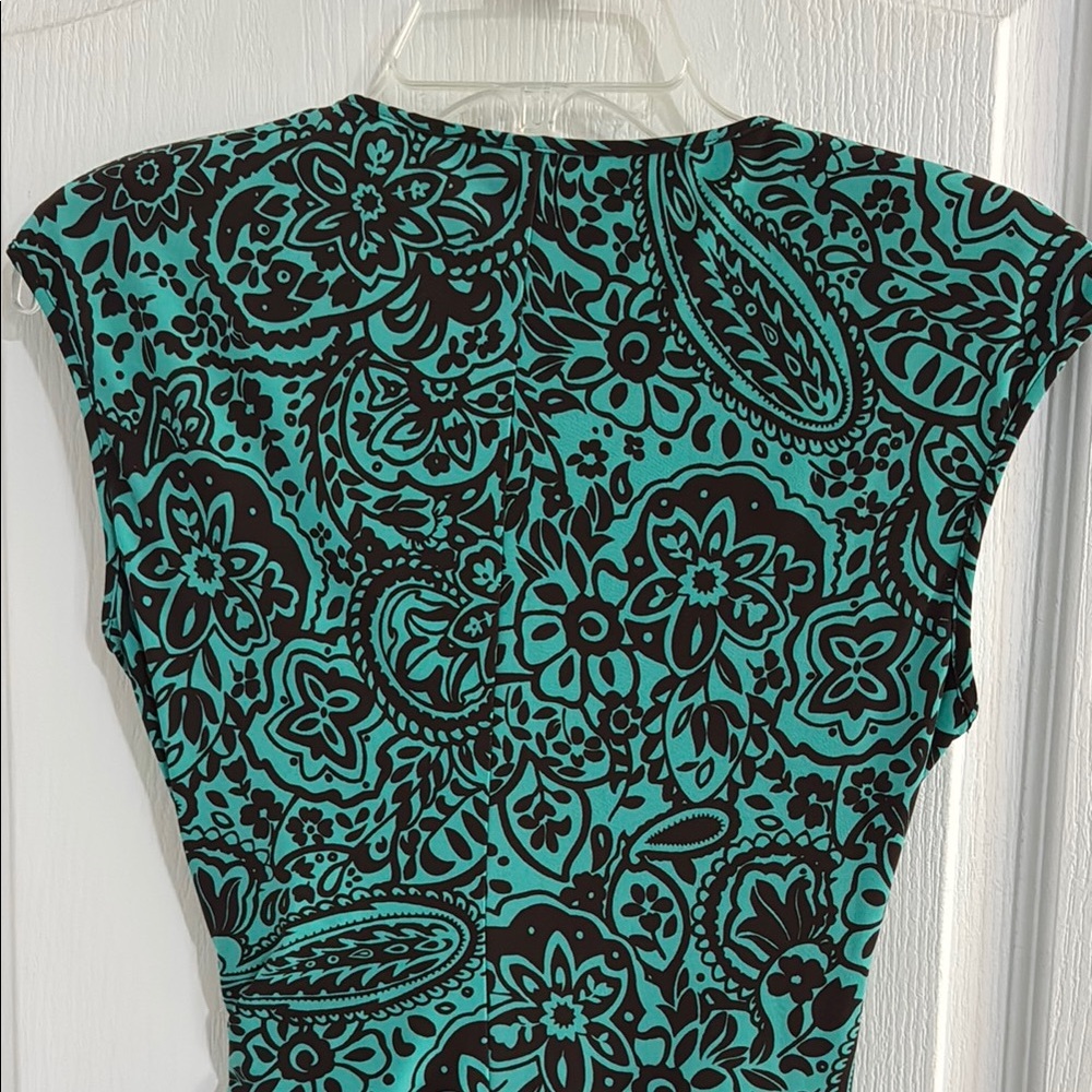 EUC Chaps Women Cap Sleeve Paisley Green Brown Dress Faux Wrap V Neck S - Picture 6 of 8